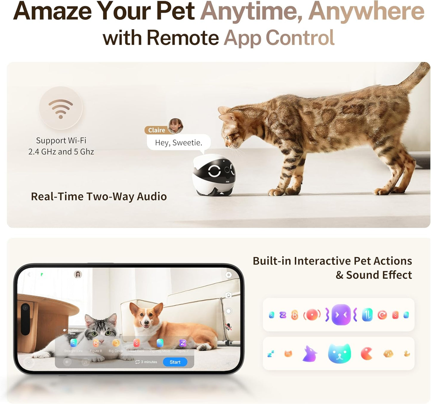 ROLA Mini 2K Pet Camera Robot: Movable Indoor Camera Battery-Powered with Phone App, One-Touch Call, 2-Way Talk, IR Night Vision, Motion Detection, Video Recording