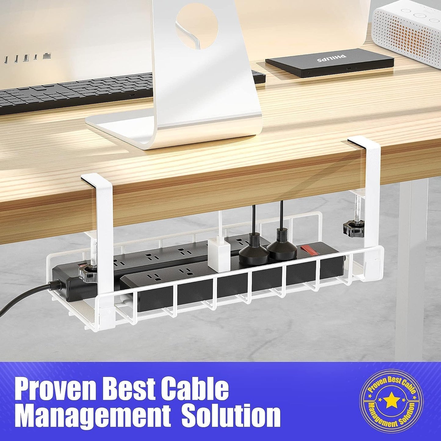 Under Desk Cable Management Tray 2 Pack,  Wire Management No Drill No Screws, Cable Tray with Clamp for Desk Wire Management, Computer Cable Rack for Office, Home - No Damage to Desk White