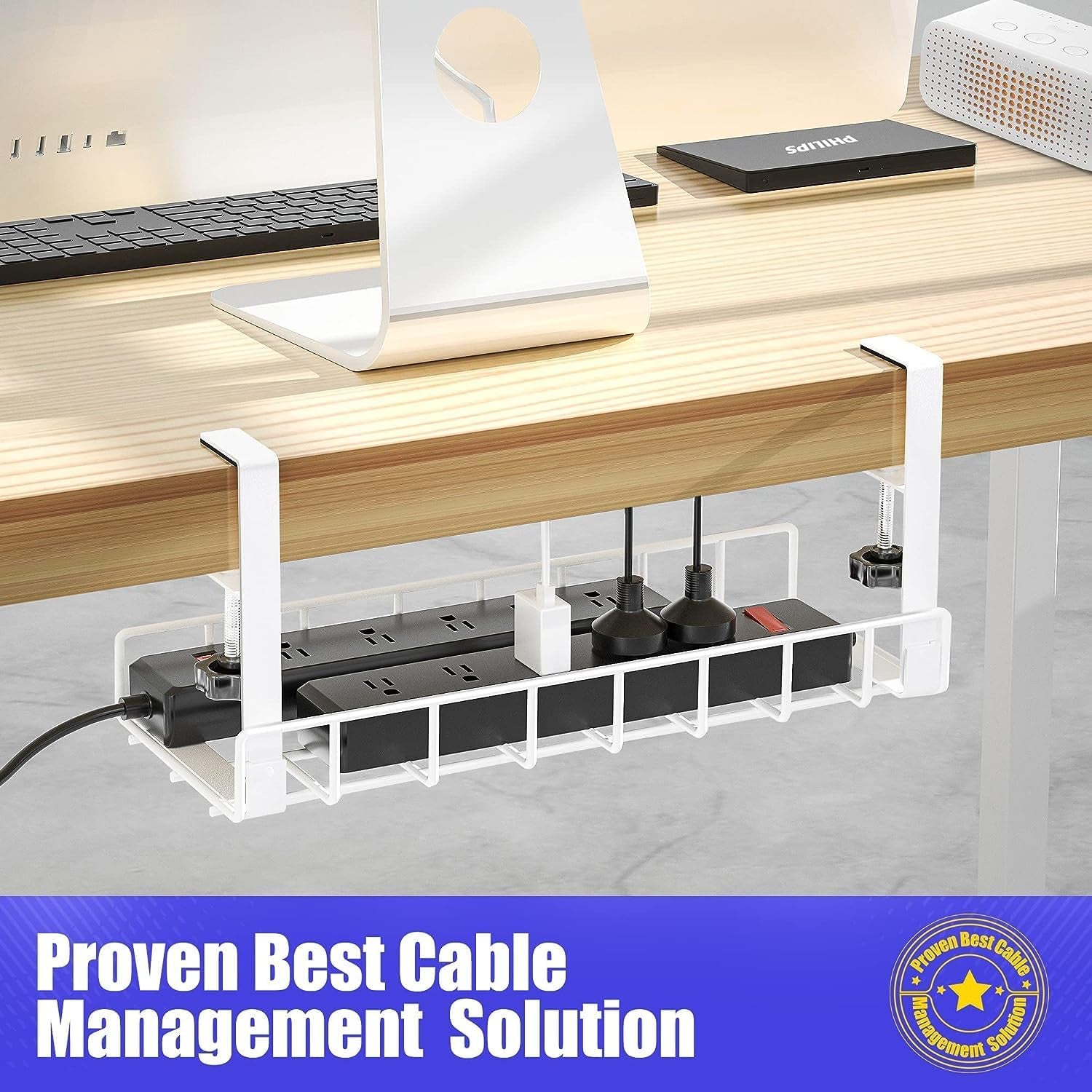 Under Desk Cable Management Tray 2 Pack,  Wire Management No Drill No Screws, Cable Tray with Clamp for Desk Wire Management, Computer Cable Rack for Office, Home - No Damage to Desk White