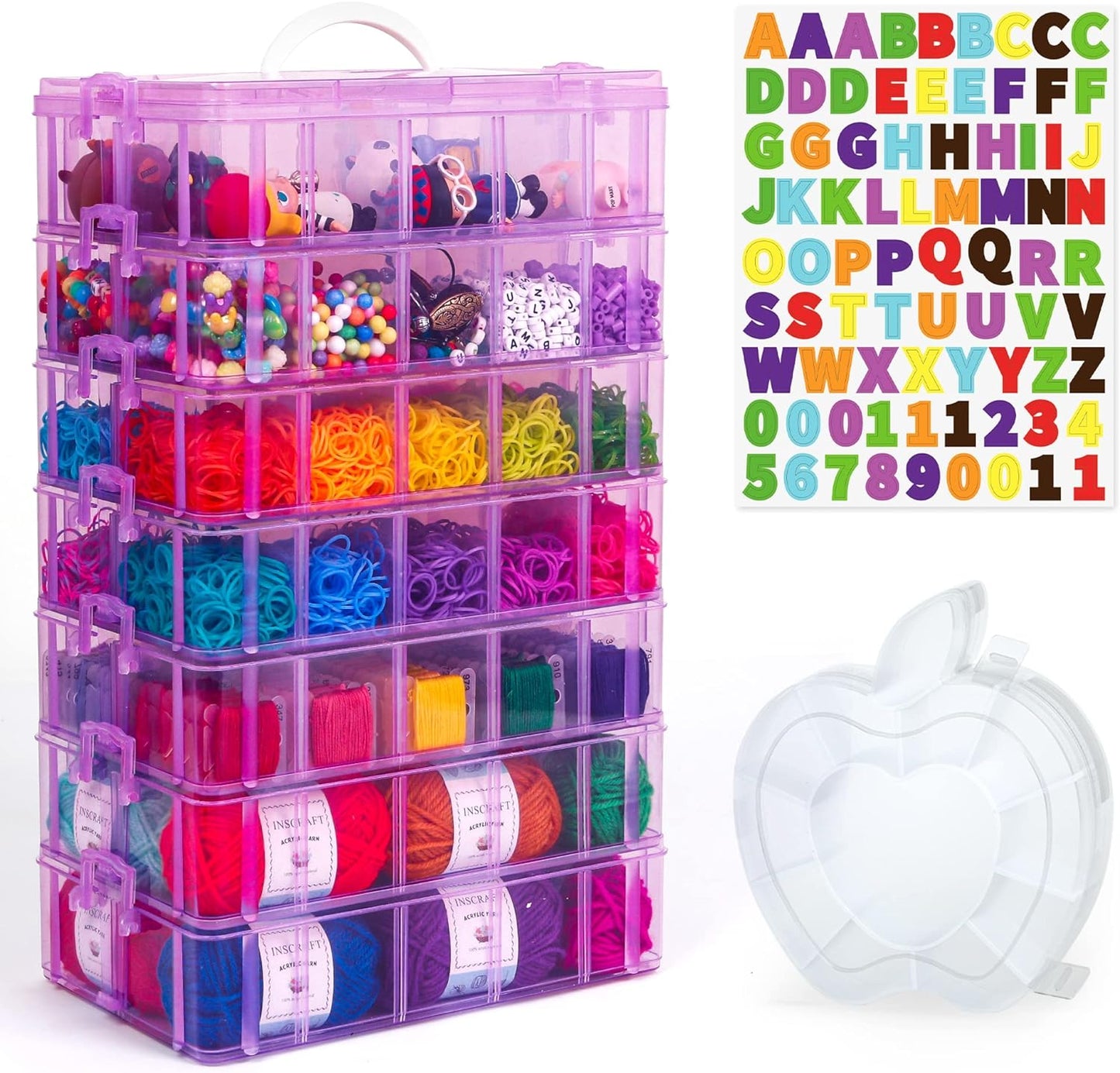 7 Layers Stackable Storage Container, 70 Adjustable Compartments (Purple) Stackable Storage Container, Perfect for Art Crafts, Jewelry, Supplies, Mini Case & Letter Sticker Included