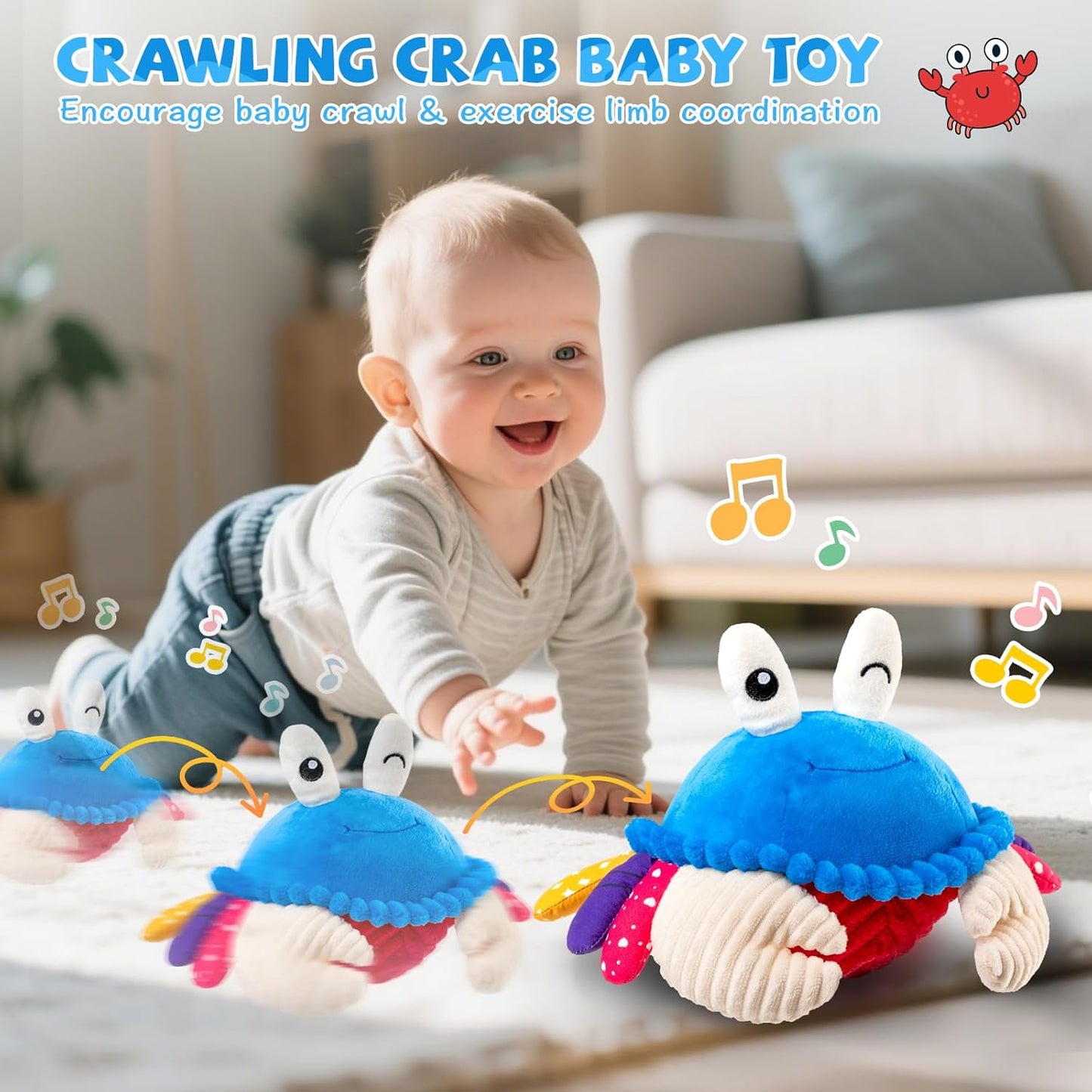 Baby Toys 6-12 Months, Musical Crawling Crab Plush Toy - 40 Songs & Recording Feature, Dancing Walking Moving Bouncing Tummy Time Toy, Sensory Toy for Toddlers 1-3, Birthday Gifts for Infants