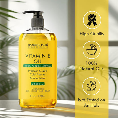 Pure & 100% Natural Vitamin E Oil - 20,000 IU, Premium Cold-Pressed Tocopherol - Repairs Dry, Damaged Skin - 8 Fl Oz