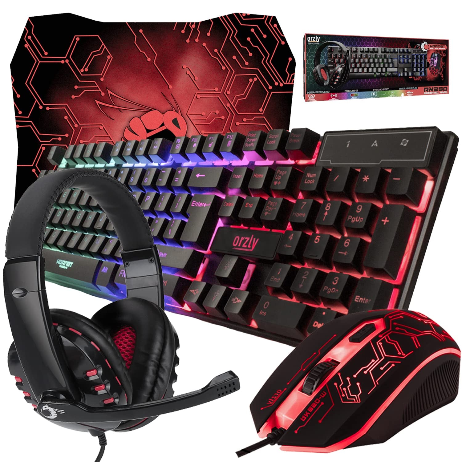Gaming Keyboard and Mouse and Gaming Headset & Mouse Pad, Wired LED RGB Backlight Bundle for PC Gamers Users - 4 in 1 White Edition Hornet RX-250