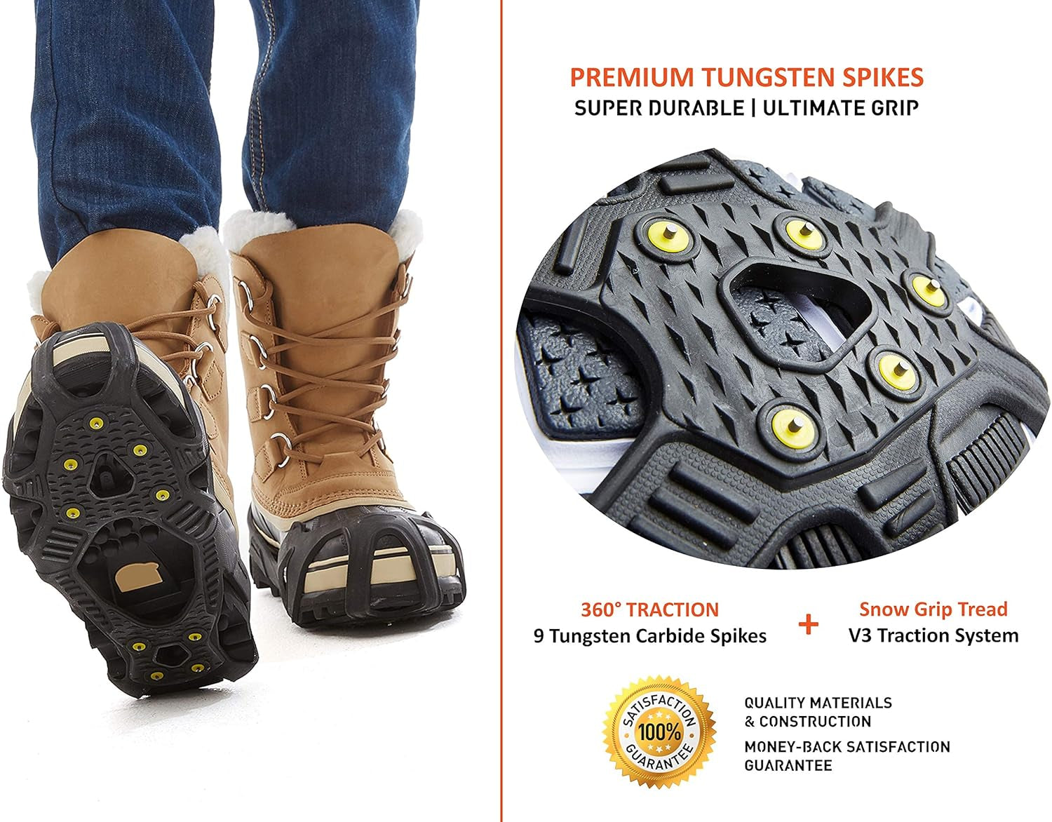 V3 Tungsten Winter Ice Grips for Shoes and Boots - Ice Cleats for Snow and Ice, Stayon Toe, Reflective Heel