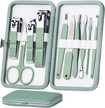 10-Piece Stainless Steel Manicure Set with Leather Case - Portable Nail Clippers and Pedicure Tools for Men and Women (Jade Green)