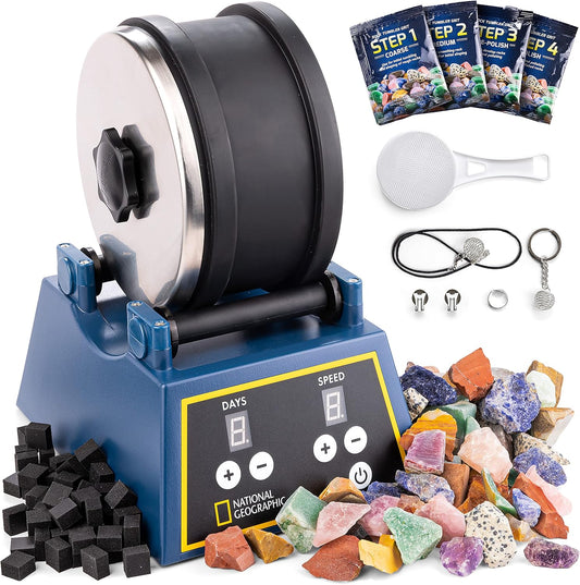 NATIONAL GEOGRAPHIC Rock Tumbler Kit - 1.36 Kg Extra Large Capacity Barrel with 3-Speed Motor & 9-Day Timer, Includes Rocks for Tumbling & Rock Polisher Grit, Rock Tumbler Kit for Adults and Kids