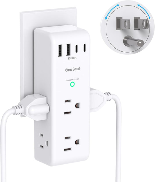 Surge Protector Outlet Extender - with Rotating Plug, 6 AC Multi Plug Outlet with 4 USB Ports (2 USB C), 1800 Joules, 3-Sided Swivel Power Bar with Spaced Splitter for Home, Office, Travel