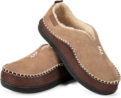 Men's Suede Moccasin Slippers with Memory Foam and Fuzzy Sherpa Lining
