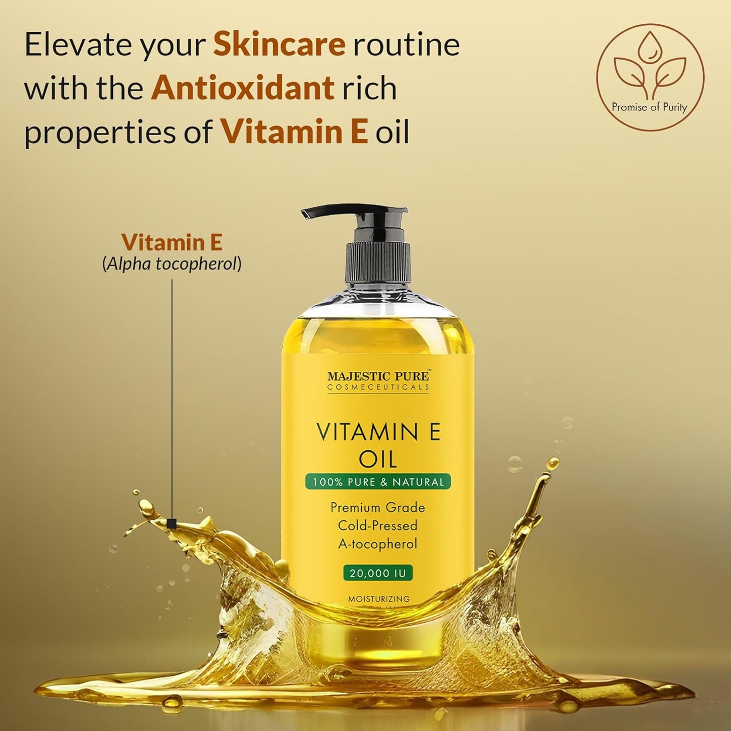 Pure & 100% Natural Vitamin E Oil - 20,000 IU, Premium Cold-Pressed Tocopherol - Repairs Dry, Damaged Skin - 8 Fl Oz
