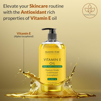 Pure & 100% Natural Vitamin E Oil - 20,000 IU, Premium Cold-Pressed Tocopherol - Repairs Dry, Damaged Skin - 8 Fl Oz
