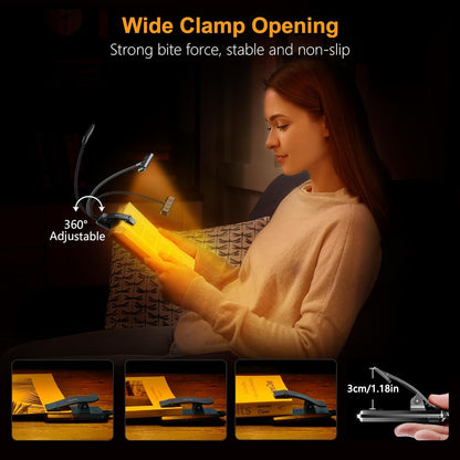 19 LED Rechargeable Book Light for Reading in Bed with Memory Function- Eye Caring 3 Color Temperatures,Stepless Dimming Brightness,80 Hrs Runtime Lightweight Clip on Light for Book Lovers