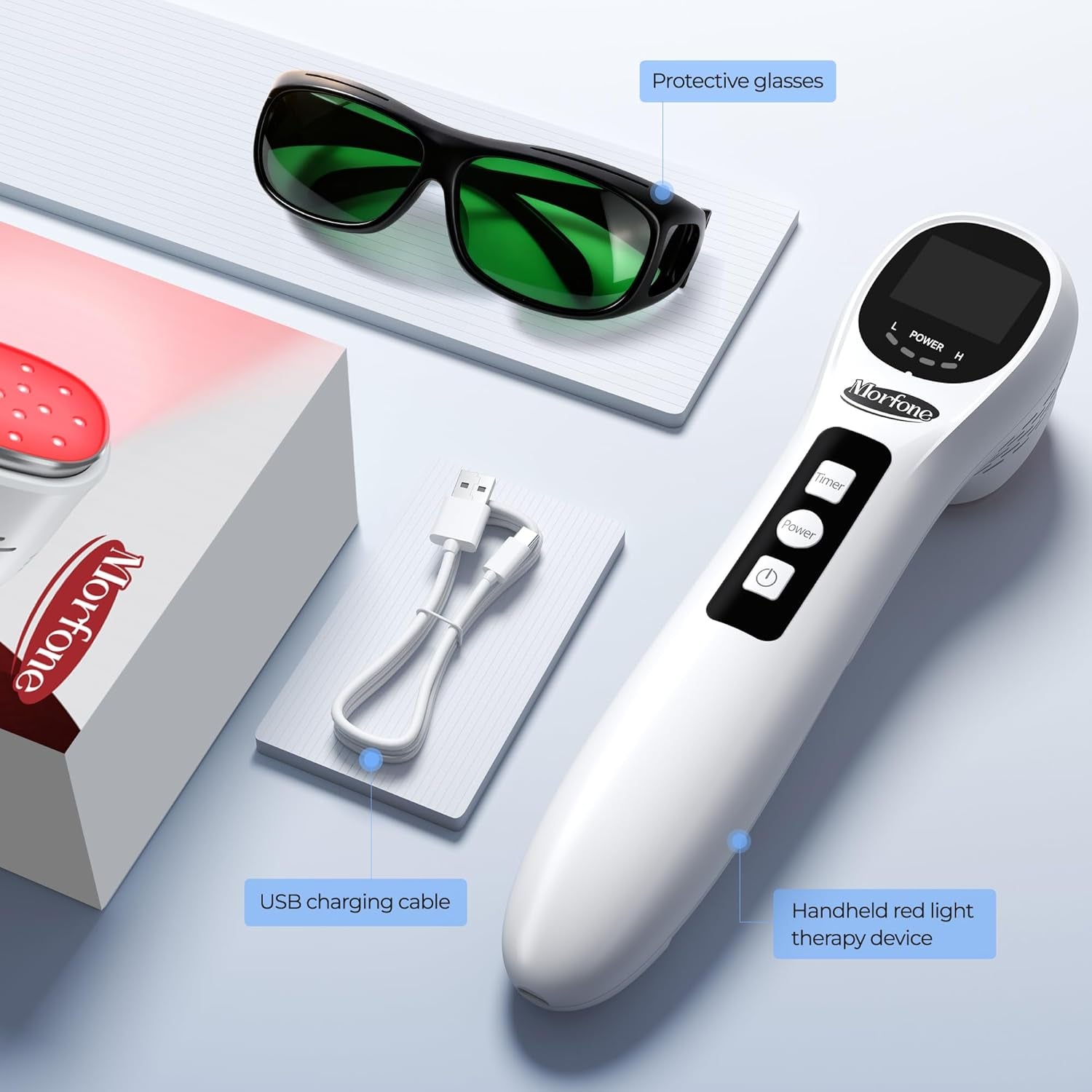 Handheld Red Light Therapy Devices - near Infrared Light Therapy for Face & Body, 660Nm 808Nm Wireless Red Light Therapy Wand with Glasses for Knee, Wrist, Local Pain and Pets, Portable, White