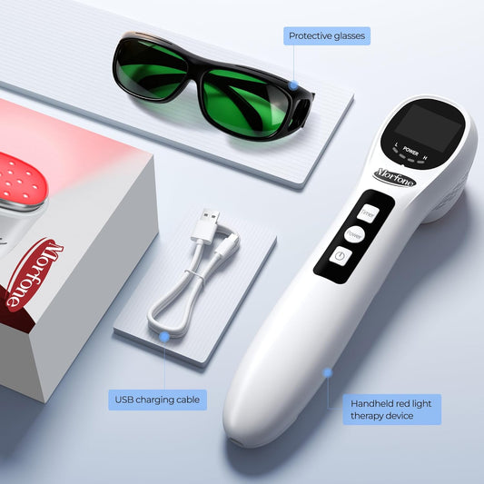 Handheld Red Light Therapy Devices - near Infrared Light Therapy for Face & Body, 660Nm 808Nm Wireless Red Light Therapy Wand with Glasses for Knee, Wrist, Local Pain and Pets, Portable, White