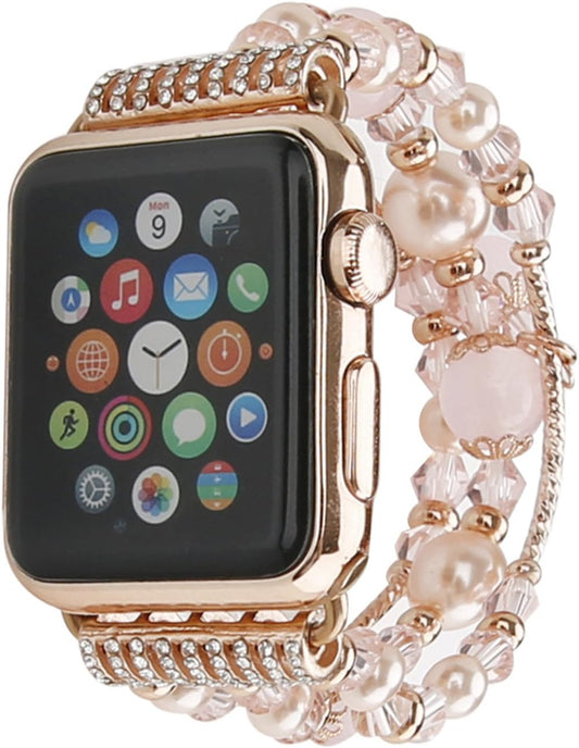 Compatible with Apple Watch Band 38/40/41/42/44/45/49Mm Women Iwatch Bands Series 9/8/7/6/5/4/3/2/1, Fashion Handmade Elastic Agate Pearl Bracelet Replacement Strap for Women Wristband