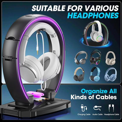 RGB Headphone & Controller Stand with 9 Light Modes - Foldable Controller Hanger for Desk - Earphone Stand with Cable Organizer - for Gamers Desktop Accessories