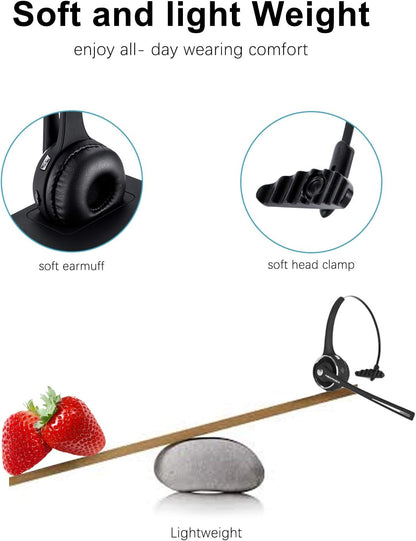 Trucker Bluetooth Headset Wireless Headset with Microphone over the Head Headset with Noise Cancelling Sound on Ear Car Earphones Office Earpiece for Cell Phone Skype Call Center Bluetooth V5.0