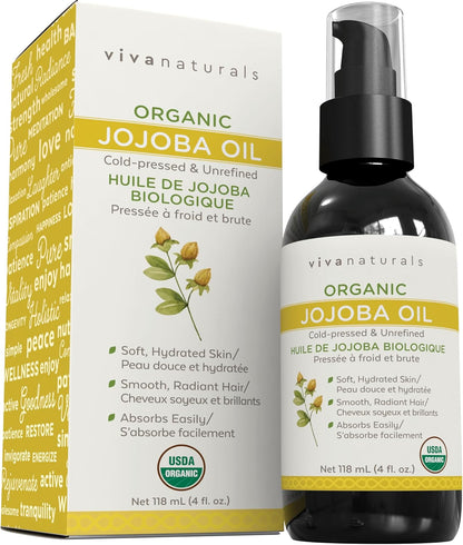 Organic Jojoba Oil - Premium Natural Moisturizer Essential Oils for Skincare, Cold-Pressed and Unrefined, 4 Fl. Oz