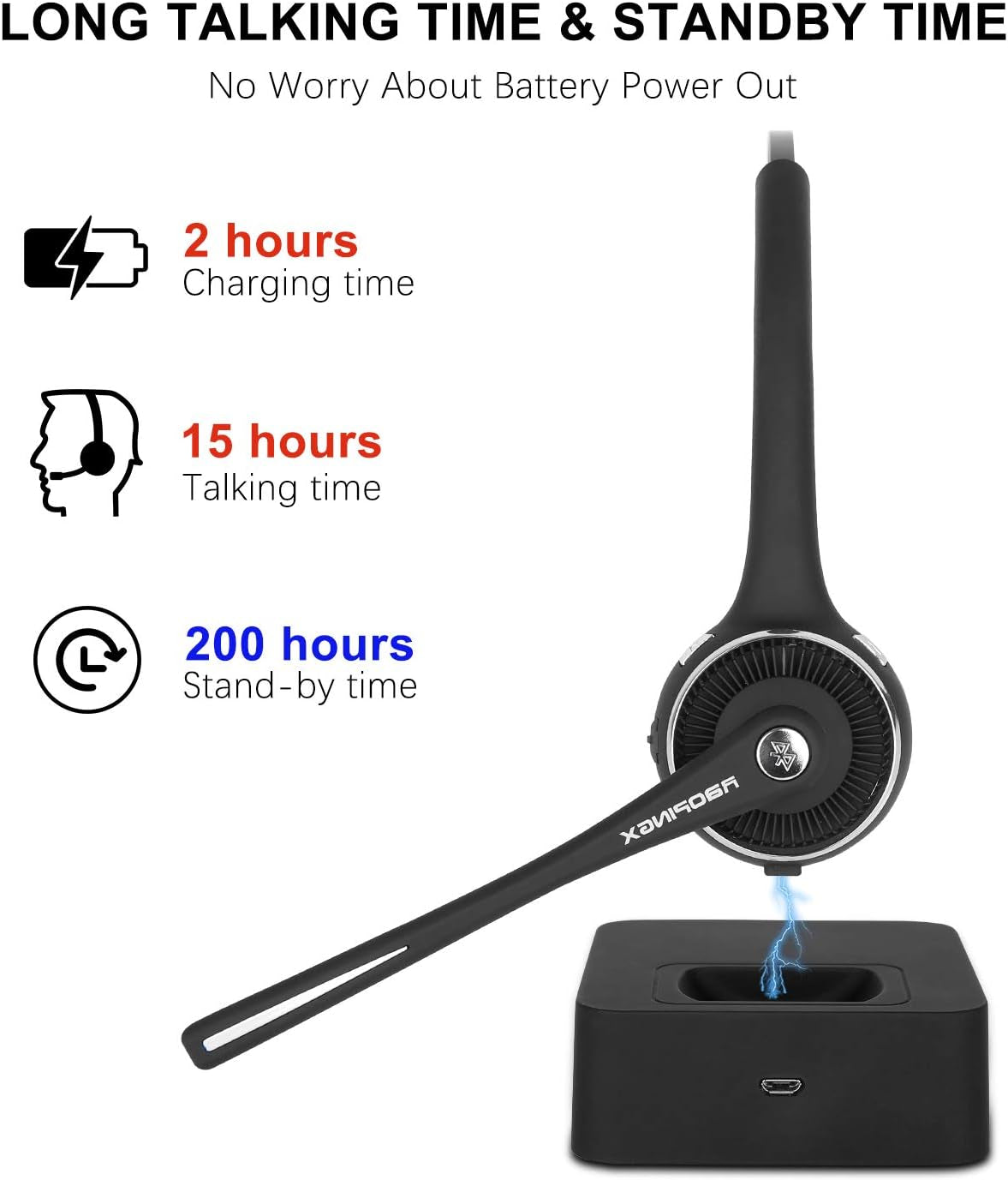 Trucker Bluetooth Headset Wireless Headset with Microphone over the Head Headset with Noise Cancelling Sound on Ear Car Earphones Office Earpiece for Cell Phone Skype Call Center Bluetooth V5.0