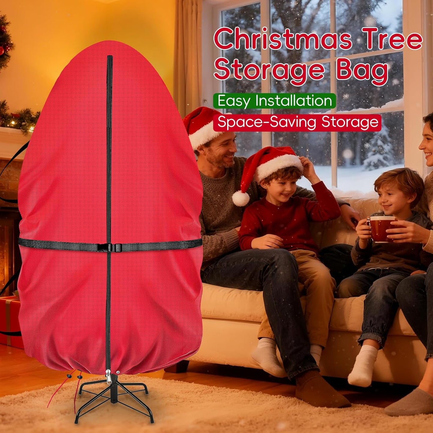 Upright Christmas Tree Storage Bag with Adjustable Straps, Christmas Tree Cover with Zipper Drawstring for 7.5 Foot Artificial Tree Standing with Ornaments, Dustproof