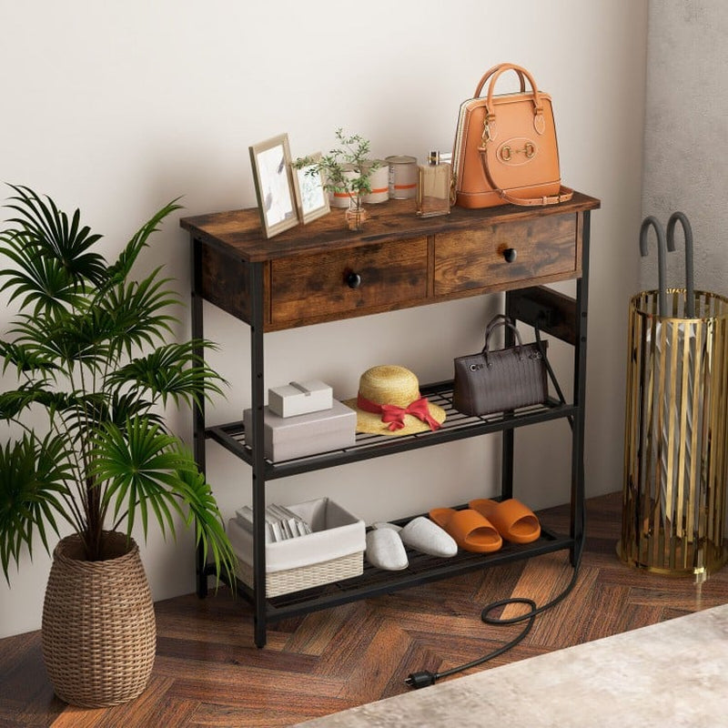 Narrow Console Table Featuring Two Drawers and Dual Metal Mesh Shelves
