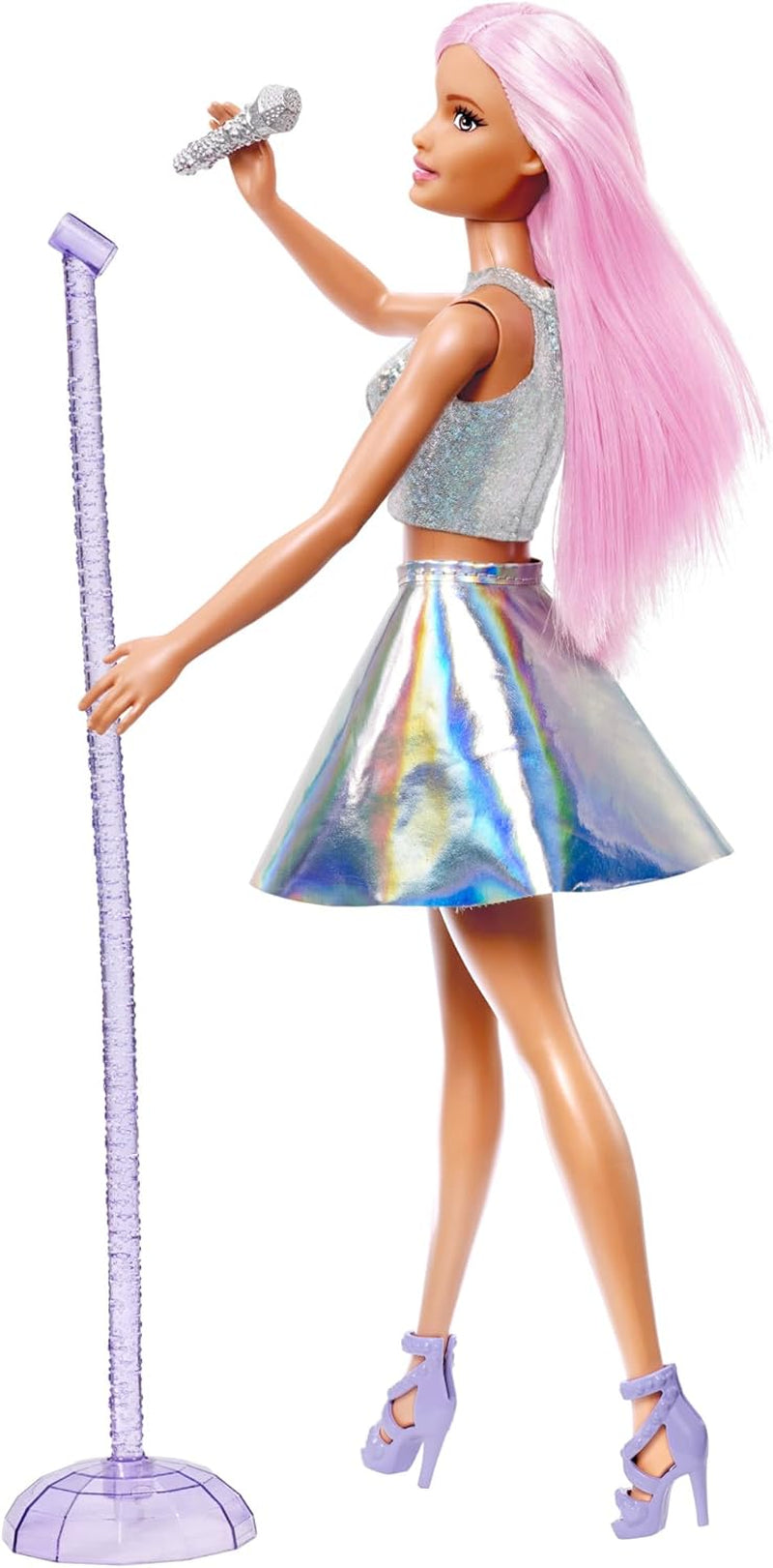 Pop Star Doll Dressed in Iridescent Skirt with Microphone and Pink Hair, Toy for 3 to 7 Year Olds