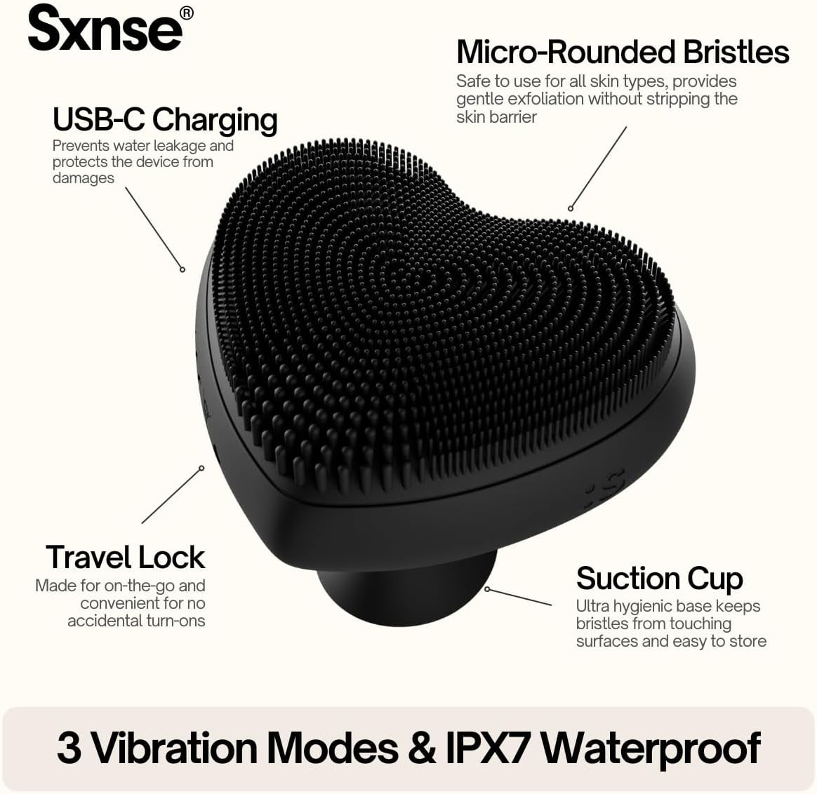Heart Face Clean Pro⁺ - Electric Silicone Facial Scrubber for Acne with 7000+ Sonic Pulses - IPX7 Waterproof Rechargeable Exfoliator with Slip-Free Grip, 3 Speed Settings & Phthalate-Free - Jet