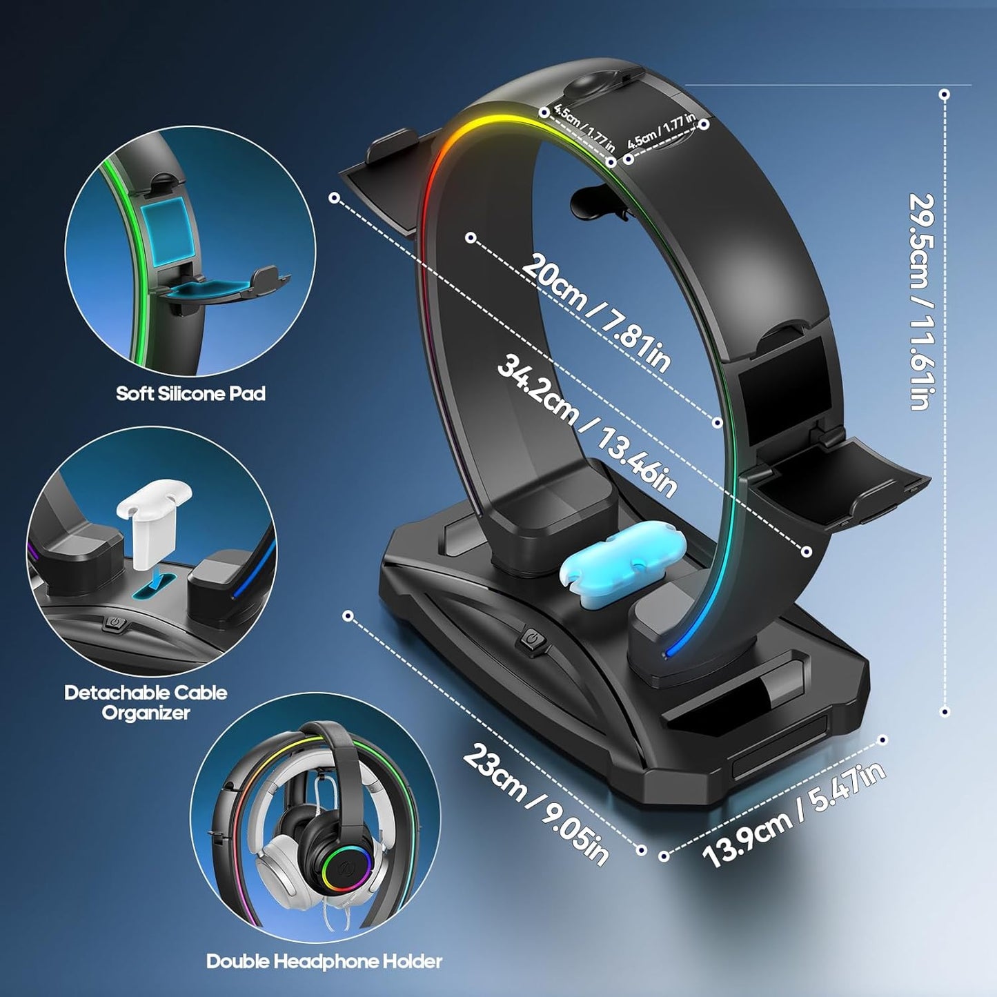 RGB Headphone & Controller Stand with 9 Light Modes - Foldable Controller Hanger for Desk - Earphone Stand with Cable Organizer - for Gamers Desktop Accessories