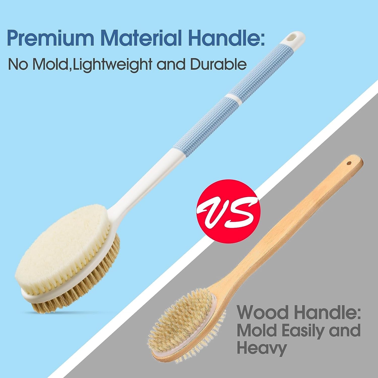 Anti-Slip Back Scrubber with Long Handle, Dual Bristle Shower Brush for Exfoliation and Dry Brushing (Blue)