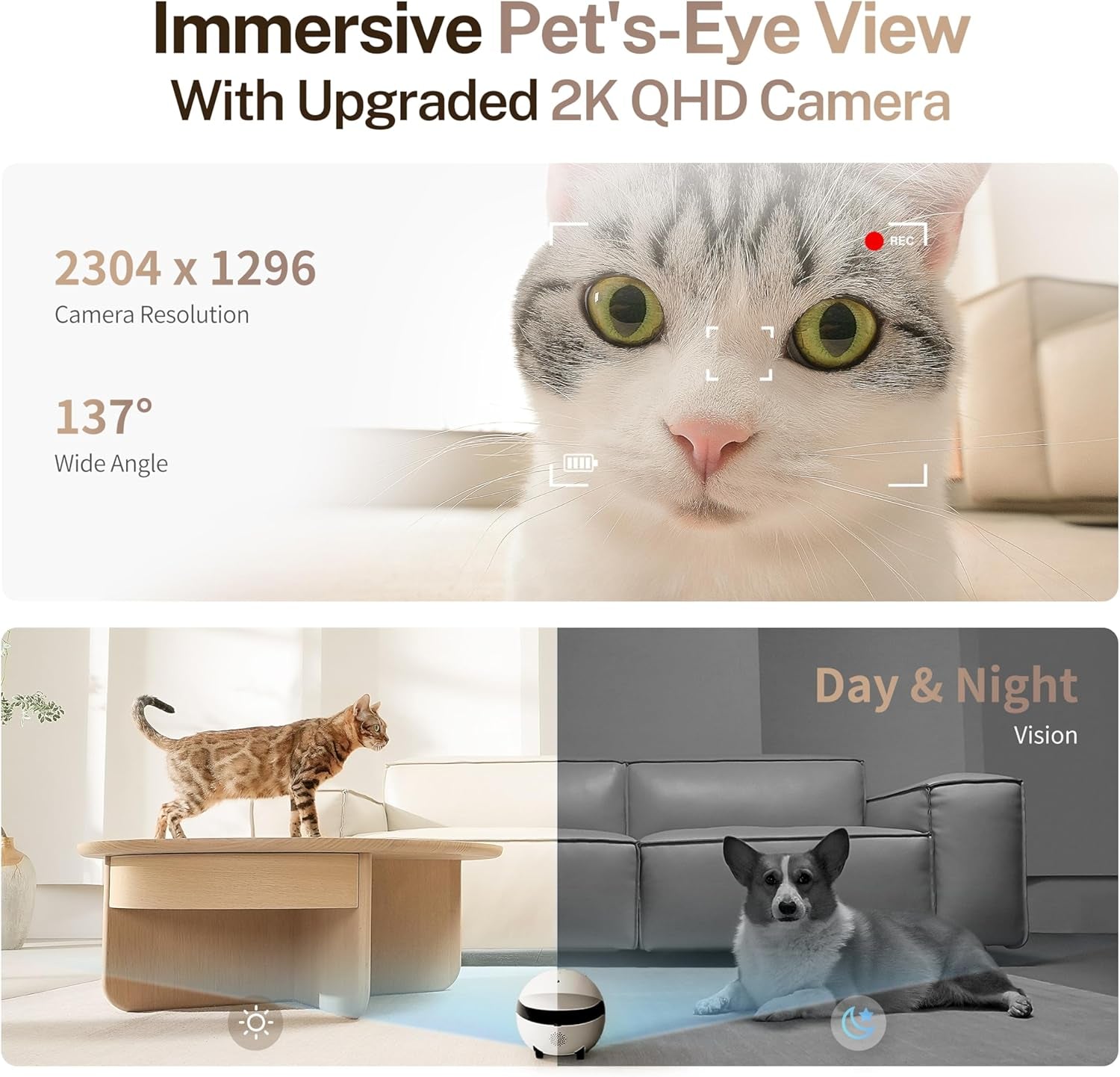 ROLA Mini 2K Pet Camera Robot: Movable Indoor Camera Battery-Powered with Phone App, One-Touch Call, 2-Way Talk, IR Night Vision, Motion Detection, Video Recording