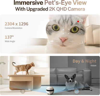 ROLA Mini 2K Pet Camera Robot: Movable Indoor Camera Battery-Powered with Phone App, One-Touch Call, 2-Way Talk, IR Night Vision, Motion Detection, Video Recording