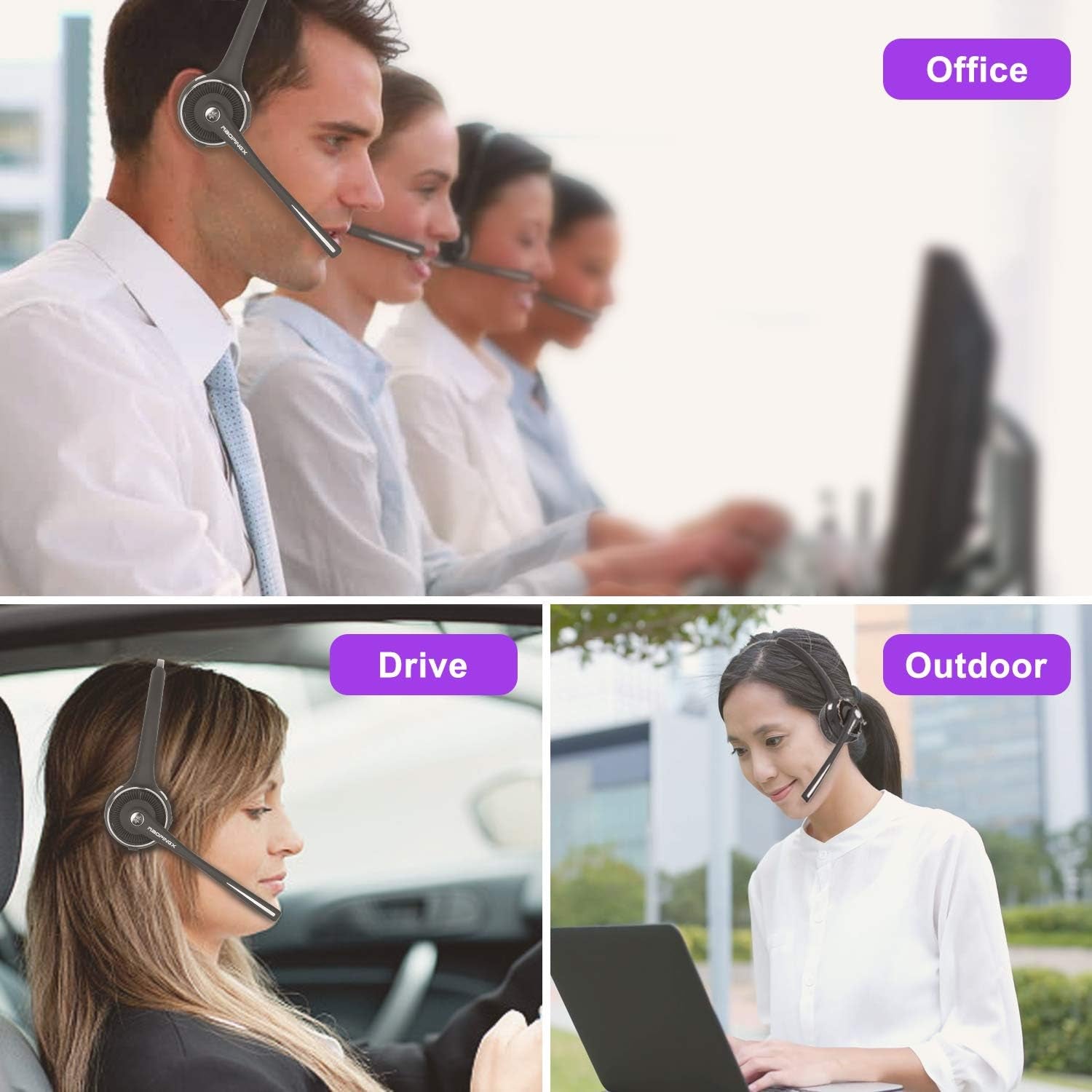 Trucker Bluetooth Headset Wireless Headset with Microphone over the Head Headset with Noise Cancelling Sound on Ear Car Earphones Office Earpiece for Cell Phone Skype Call Center Bluetooth V5.0