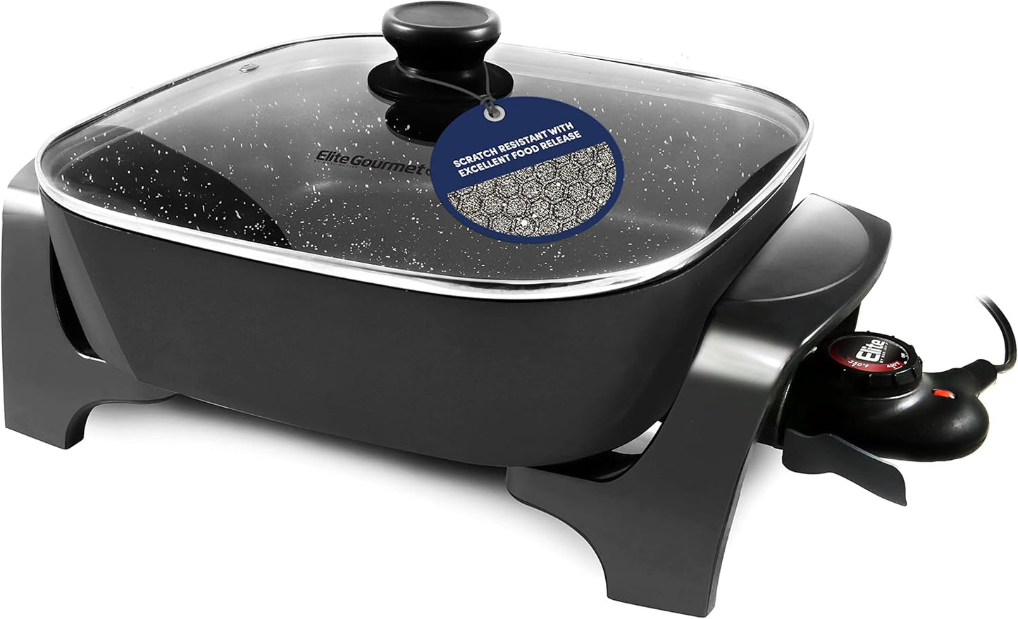 EG6201 Extra Deep 12"X12"X3.2" (7.5Qt.) Scratch Resistant Dishwasher Safe, Non-Stick Electric Skillet with Glass Vented Lid, Adjustable Temperature, Black
