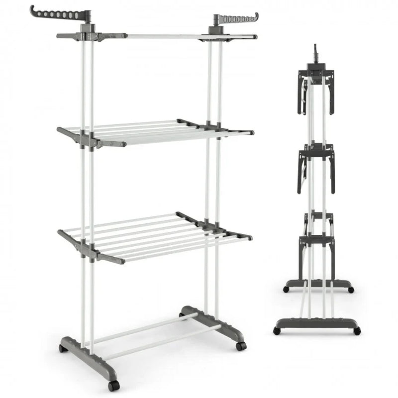 4-Tier Adjustable Clothes Drying Rack with Rotatable Side Wings and Collapsible Shelves