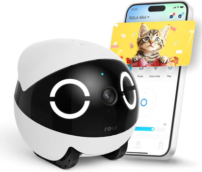 ROLA Mini 2K Pet Camera Robot: Movable Indoor Camera Battery-Powered with Phone App, One-Touch Call, 2-Way Talk, IR Night Vision, Motion Detection, Video Recording